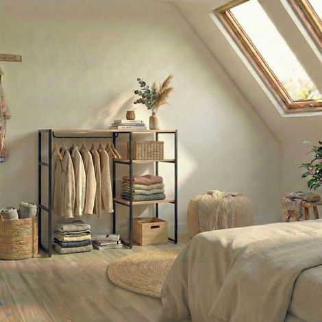 KADRA 100x85cm Dachbodenkleiderständer mit Kleiderschrank und Regalen