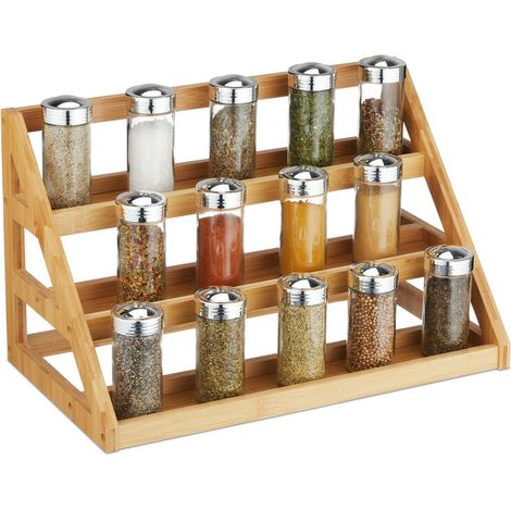 Étagère à épices en bambou, hauteur x largeur x profondeur : 23,5 x 39,5 x 21,5 cm, trois niveaux, non fixe, étagère de rangement pour épices, couleur naturelle.