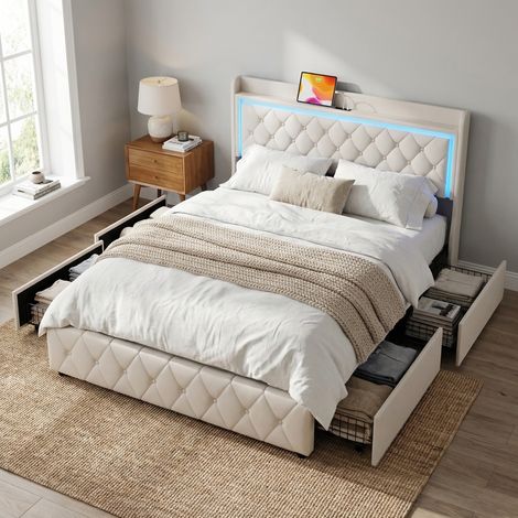 Lit avec 4 tiroirs 140x190 avec sommier, lit double capitonné avec éclairage LED et ports USB/Type-C, tête de lit avec rangement, velours, style scandinave, Beige