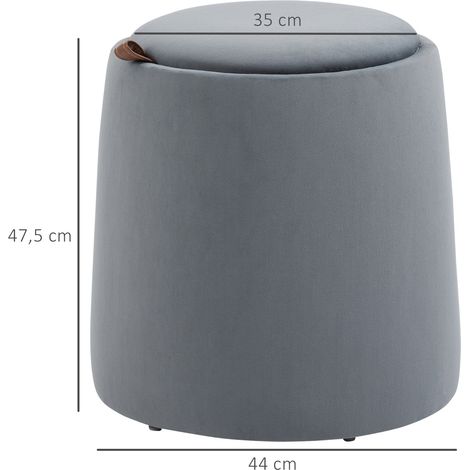 Pouf rond 2-en-1 en velours gris, repose-pieds avec coffre de rangement intégré, couvercle démontable, diamètre 44 cm, hauteur 47,5 cm, convertible en table d'appoint (1/5)