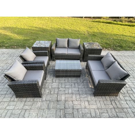 Fimous Garden Furniture Sets 7 Pieces Outdoor Rattan Furniture Manual Wicker Patio Sofa Chair Set with Coffee Table 2 Side Tables Dark Grey Mixed (1/5)