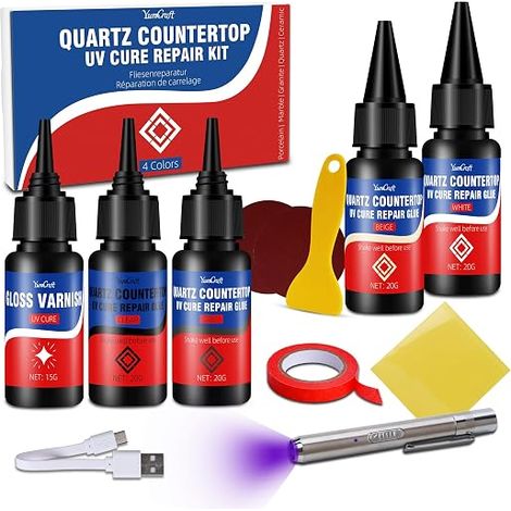 Quartz Countertop Repair Kit - 4×20g UV Repair Glue (Transparent/White/Grey/Beige) - UV Curing 30s + Gloss Varnish  DIY Chips/Cracks/Scratches Marble/Granite/Porcelain (1/5)