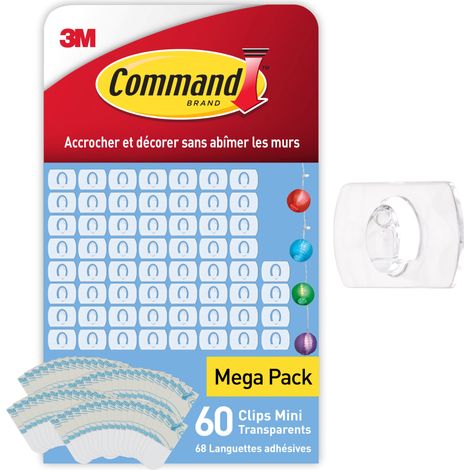 Lot de 2 déco clips transparents Command™ avec languettes transparentes, 60 clips + 68 languettes/boîte (1/5)