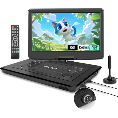 Lecteur DVD portable 15,6 pouces pour enfants et voiture, écran LED de 15,6 pouces, tuner DVB-T2, batterie rechargeable, USB/HDMI/AV/audio et plusieurs formats (1/5)