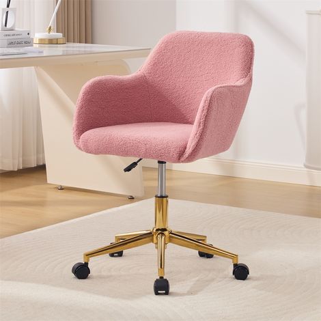 Chaise de Bureau Bouclette 58x58x86cm Fauteuil Pivotant à 360° Réglable en Hauteur avec Base Dorée Chic - Rose (1/5)