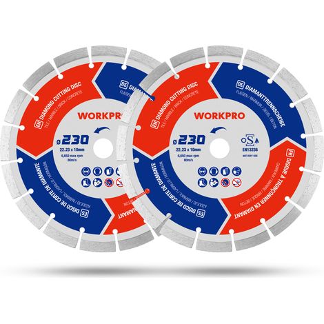Workpro – Disque à tronçonner diamanté 230 mm – Pour béton, carrelage, marbre – Vitesse max 6650 tr/min – Coupe nette et précise