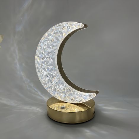 Lampada da tavolo ricaricabile in cristallo con design a luna, dimmerabile tramite tocco, LED a 3 colori, luce ambientale moderna (1/4)
