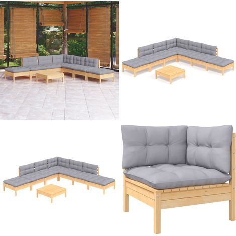 8-tlg. Garten-Lounge-Set mit Grauen Kissen Kiefernholz - Gartensessel - Lounge Set - Gartenmöbeln - Outdoor Möbel - Rattan Sessel - Home & Living (1/5)