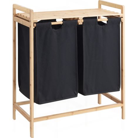 Panier à linge avec 2 sacs à linge extensibles - Trieur à linge - 44 litres - bambou - 64.5x73.5x33 cm - Noir (1/5)