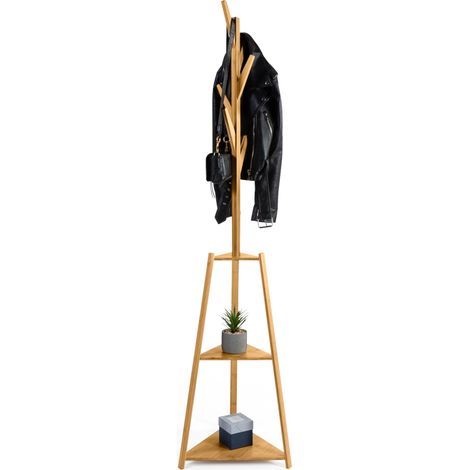 Idmarket – Porte-manteau en bambou LANA avec 6 crochets et 3 étagères d'angle – Dimensions 45x39x176 cm – Charge maximale 30 kg
