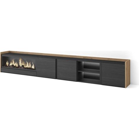 Mueble TV Benarrabá-02 de 315x50x35 cm con chimenea y luces LED, color negro y roble (1/4)