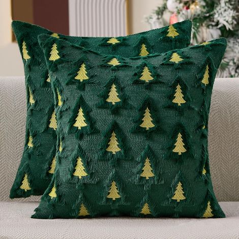 Taies d'oreiller de Noël, 45x45cm, lot de deux, taies d'oreiller doubles vertes à motif sapin de Noël. (1/5)