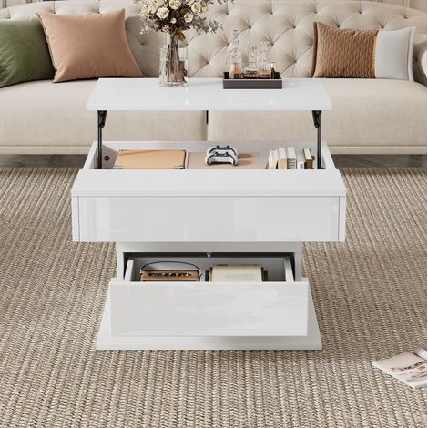 Mesa de centro elevable (70x70x45 cm), giratoria 360°, con almacenaje oculto, cajón, madera aglomerada blanca (1/5)