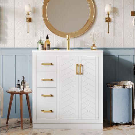 Meuble vasque moderne blanc en MDF avec vasque céramique, 3 tiroirs, 2 portes et étagères ouvertes 76,5 cm (1/5)