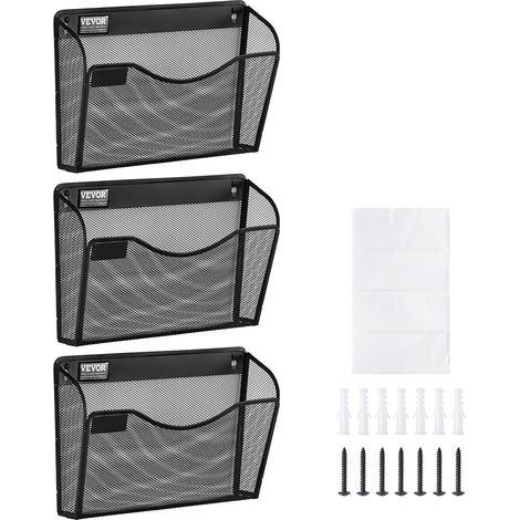 VEVOR Support mural de fichiers, 3 PCs, 1 poche, porte-documents en maille pour magazines, courrier, papier, organisateur mural en metal avec etiquette nominative, pour bureau, maison et ecole, noir (1/5)