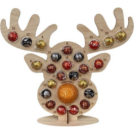 Calendrier de Compte à Rebours de L' de Noël en Bois, Support en Forme de Tête de Cerf avec 24 Trous pour Bonbons au Chocolat, Décoration de Fête (a) (1/5)