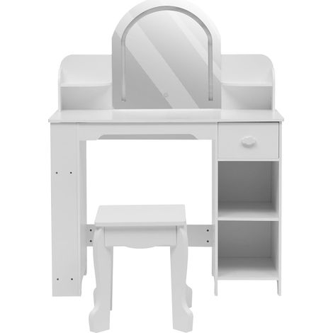Coiffeuse Enfant 2-en-1 avec Miroir Lumineux LED 3 Couleurs et Tabouret, Table de Maquillage avec Tiroir, Bibliothèque et Étagères de Rangement pour Filles de 3 à 9 Ans