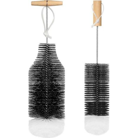 Lot de 2 Brosse Bouteille, Nylon et Acier Inox, Manche Bois 90 Degrés, Nettoyage Sans Rayure, Pour Gourde et Biberon (1/5)