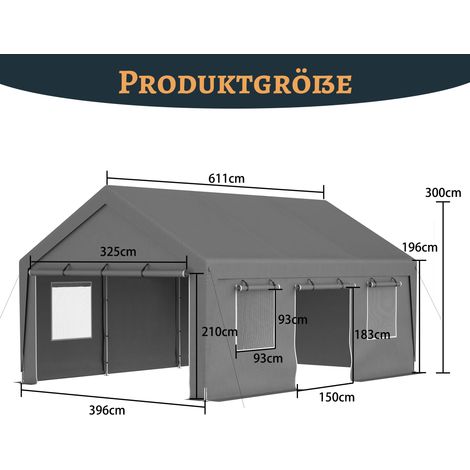 Garage tente 6x4x3m couverture latérale imperméable portes enroulables protection UV rangement jardin fenêtres gris.