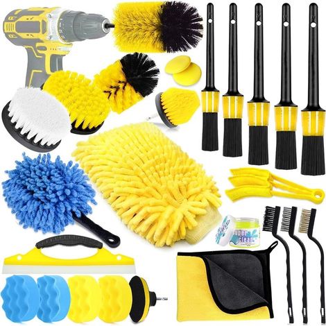 Kit de Nettoyage Voiture, Kit Lavage Voiture pour Intérieur et Extérieur, Kit de Détail Voiture avec Brosse Perceuse, Pinceau Detailing, Accessoire Voiture, Pad Polissage, Chiffon Microfibre (1/5)