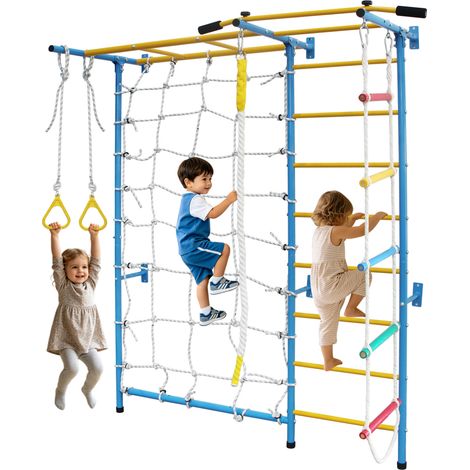 Espalier Mural Enfant 7 en 1 Gym Intérieur Barre de Traction Anneaux Échelle de Corde en Acier Carbone Charge 99,8 kg (1/5)