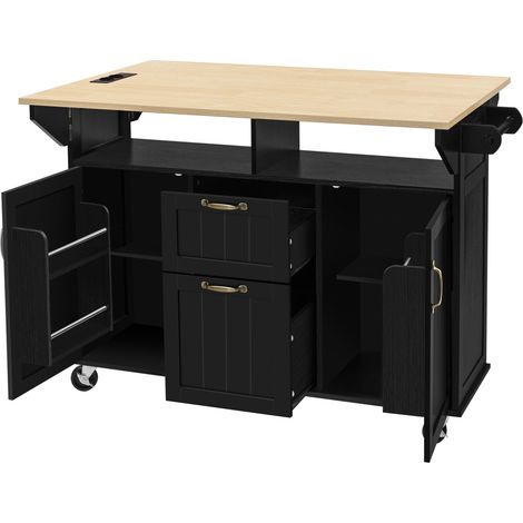 Îlot de cuisine mobile avec roulettes, table extensible, tiroirs et porte-serviettes, équipé de prises électriques, finition noire (1/5)