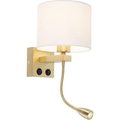 QAZQA Applique con braccio flessibile brescia combi - Art déco - Tessuto,Acciaio - Bianco/Oro - Tondo (non sostituibile) LED Max. 1 x 1 Watt