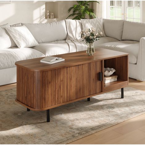 Table basse rectangulaire 110x40 cm avec porte coulissante et niche ouverte, MDF effet noyer, pieds métal (1/5)
