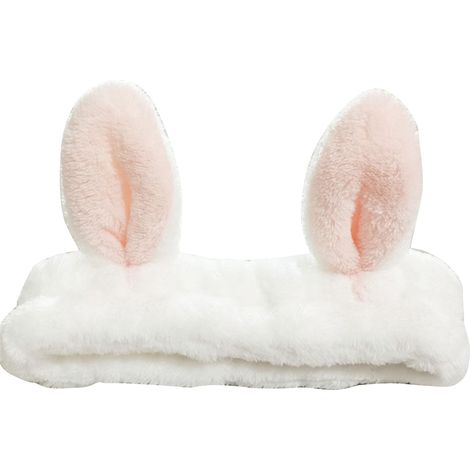 Serre-tête blanc à larges bords élastiques super mignon, avec oreilles de lapin 3D, idéal pour soin du visage, maquillage et spa, lot de 1 (1/5)