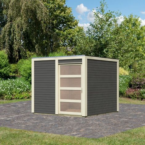 Abri Jardin Bois Vitrifié Gris 6m² Qubic Karibu avec Embase (1/5)