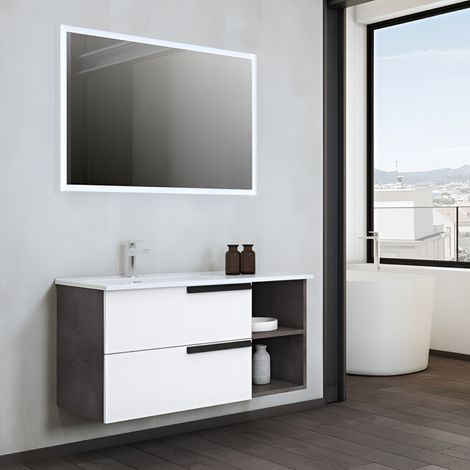 Mobile bagno sospeso 100 cm con 2 cassetti e lavabo in ceramica DELIA3 Bianco (1/4)
