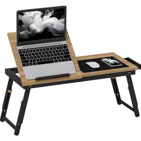Table de lit pliable et réglable, plateau de lit pour ordinateur portable en bambou - plateau inclinable, tiroir, chêne (1/5)