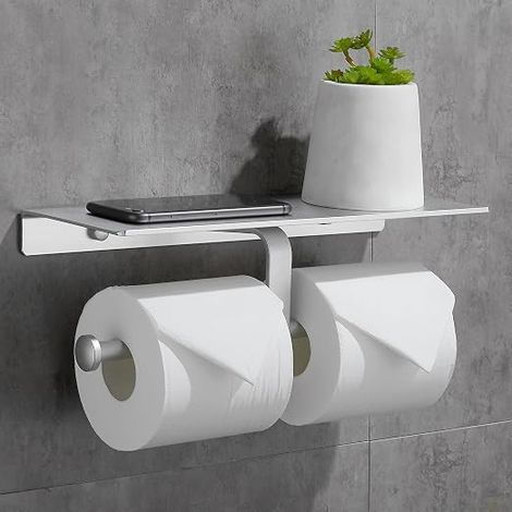 Porte Rouleau de Papier Toilette Hygiénique sans Perçage avec Etagère de Téléphone Portable Support Mural Double Porte-papier toilette pour Salle de Bains (Argent)
