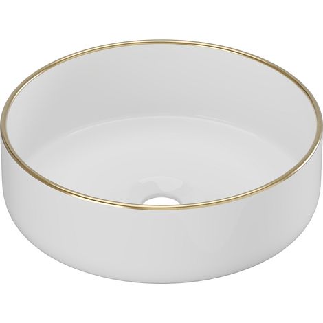 Vasque à poser ronde en céramique - Blanc avec liseré doré - 36 cm - LENISO II (1/4)