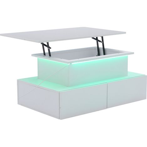 Table basse moderne noire laquée avec éclairage LED, 4 tiroirs et plateau coulissant - 90x55x41 cm (1/5)