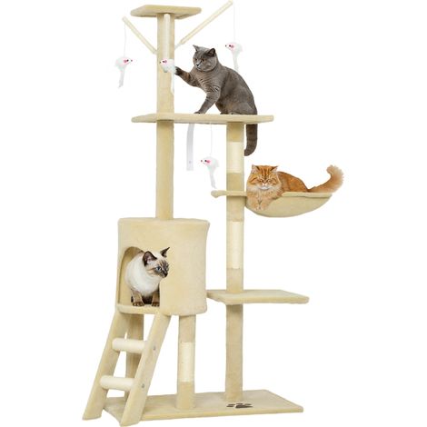 Kratzbaum Katzenbaum mit Höhle, 4 Spielzeuge, Sisalstämme, große Plattform, Treppe, für Katzen unter 5 kg, Beige