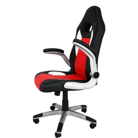 Chaise de bureau ou études style Gaming, avec accoudoirs, dossier tapissé et base chromé, noir et rouge (1/5)