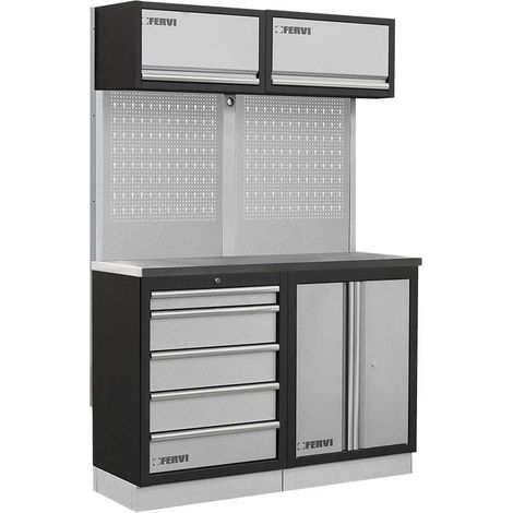 Modulares Werkstattmobel mit Edelstahlplatte Schranke und Schubladen Fervi a008m