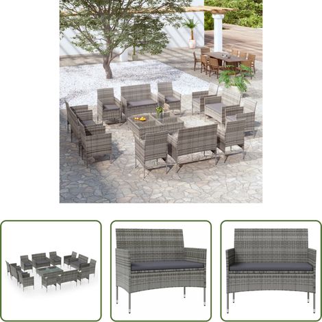 vidaXL Fauteuil extérieur -  Salon de jardin 16 pcs avec coussins Résine tressée Gris (1/5)