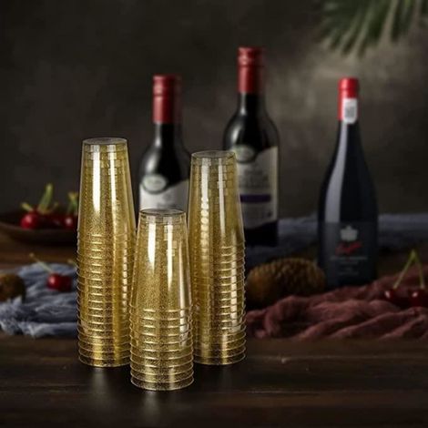 50 Pièces Paillettes D'or Tasses en Plastique, 300ml Verres à Vin Ronds Tasses à Dessert Transparentes Coupe (1/4)