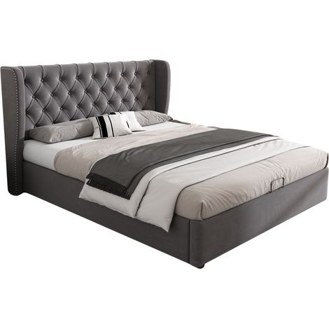 Letto Contenitore Letto Matrimoniale con Vano Idraulico e Testiera Imbottita 140×190 cm, senza Materasso, Grigio (1/4)