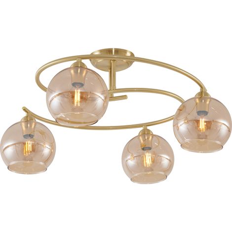 QAZQA Moderno Lámpara de techo moderna de latón con cristal ámbar de 4 luces - Alanis Metálica /Vidrio Redonda /Esfera Adecuado para LED Max. 4 x 10 Watt