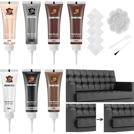 Pâte Réparatrice Cuir, 6 Couleurs Kit Rénovation Cuir, Kits de réparation en cuir mixable Kit de Réparation pour Cuir Liquide pour canapé veste en cuir siège auto chaussures manteaux(7 pièces)