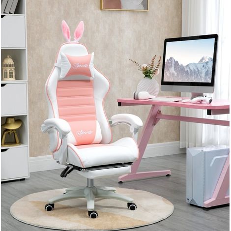 Sedia gaming ergonomica rosa con orecchie da coniglio, poggiapiedi, DESVIAE (1/5)
