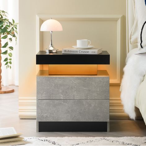 Mesa de noche LED con 2 cajones de madera de ingeniería gris DESVIAE (1/5)