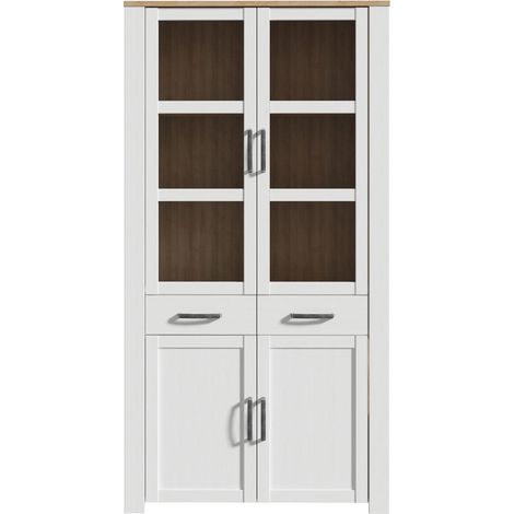 Vitrine Large BOHOL Blanche  4 Portes dont 2 Vitrées + 2 Tiroirs  L 106,4 × P 42 × H 205,4 cm