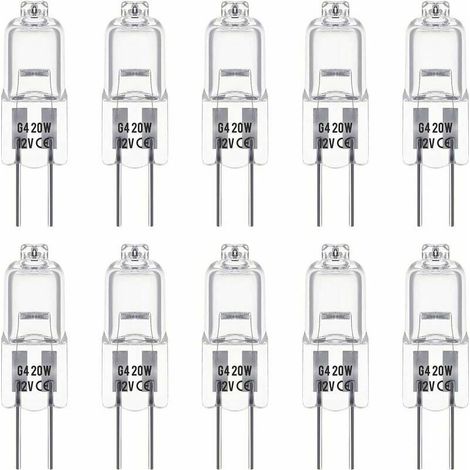 Packung mit 10 G4-Halogenlampen, 12 V und 20 W. Diese Lampen erzeugen ein warmweißes Licht mit 3000 K und einer Helligkeit von 350 Lumen. Sie sind dimmbar und transparent. (1/4)