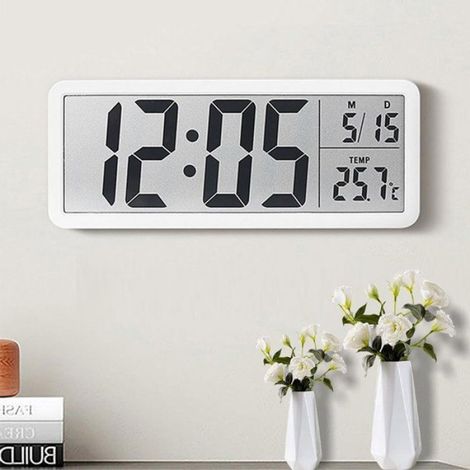 Horloge murale numérique - - Écran LCD 8 pouces - Affichage heure, température, date - Alimentation piles ou USB Femeo