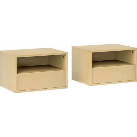 Table de chevet murale (lot de 2) — Table de chevet suspendue avec tiroir et compartiment de rangement ouvert convient aux chambres ou aux salons finition en bois naturel. (1/5)