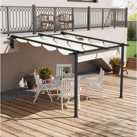 Gartenpavillon Aluminium cremeweiß 297x297x200/230 cm, Wandmontage, ausziehbares Dach, mit Wasserablauf (1/5)